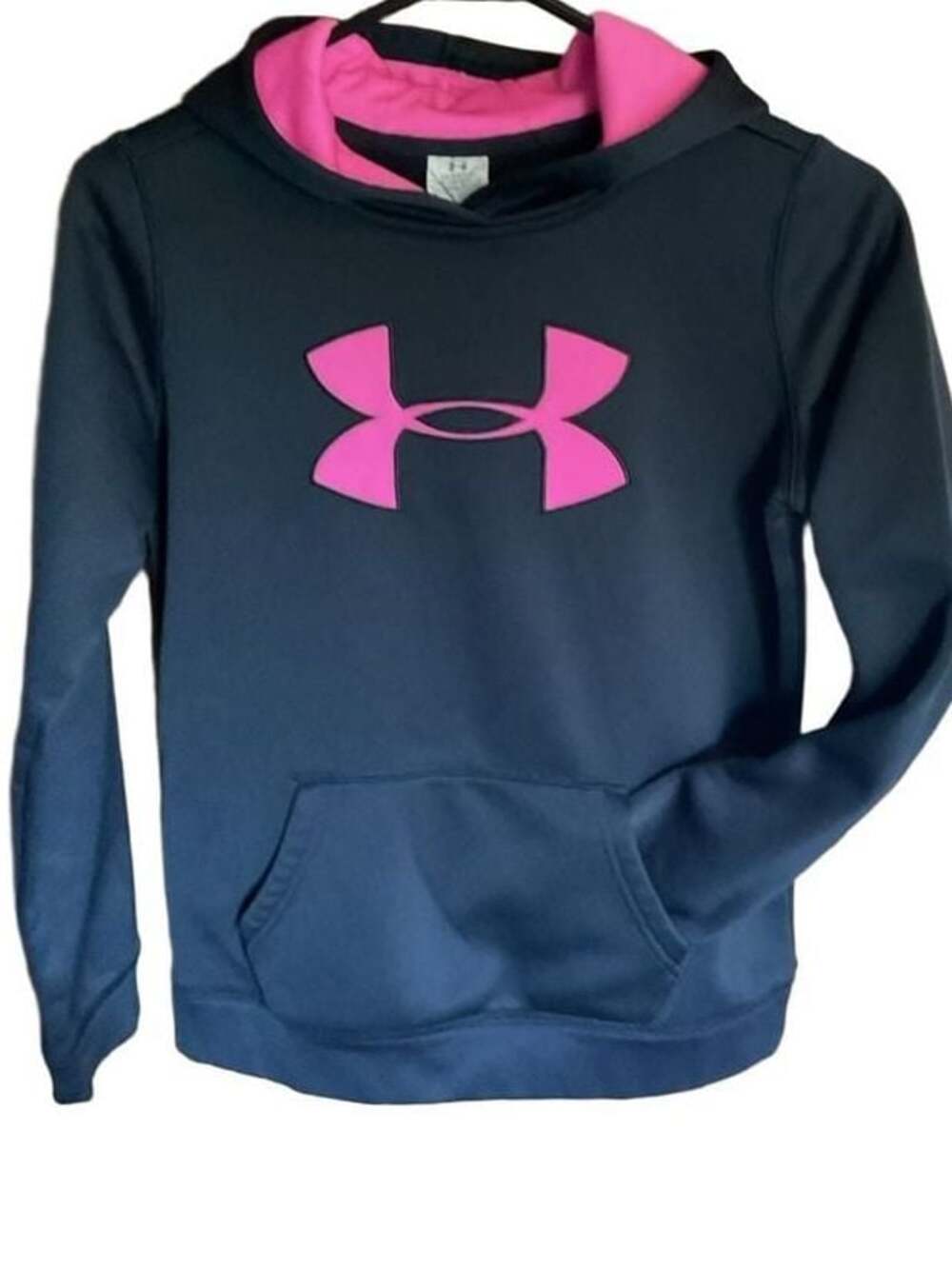 Under Armour Girls' Hooded Sweatshirt, Black with Pink Logo and Lining, Size XL